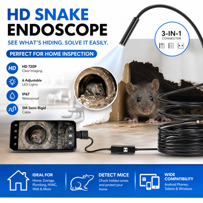 🔥 Endoscopio 3 in 1 – Telecamera Ispezione IP67, Sonda 5,5/7mm, Connessione USB/Micro USB/Type-C