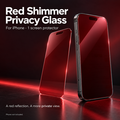 Red shimmer privacy tempered glass for iPhone shown as one separate screen protector beside a demonstration phone.