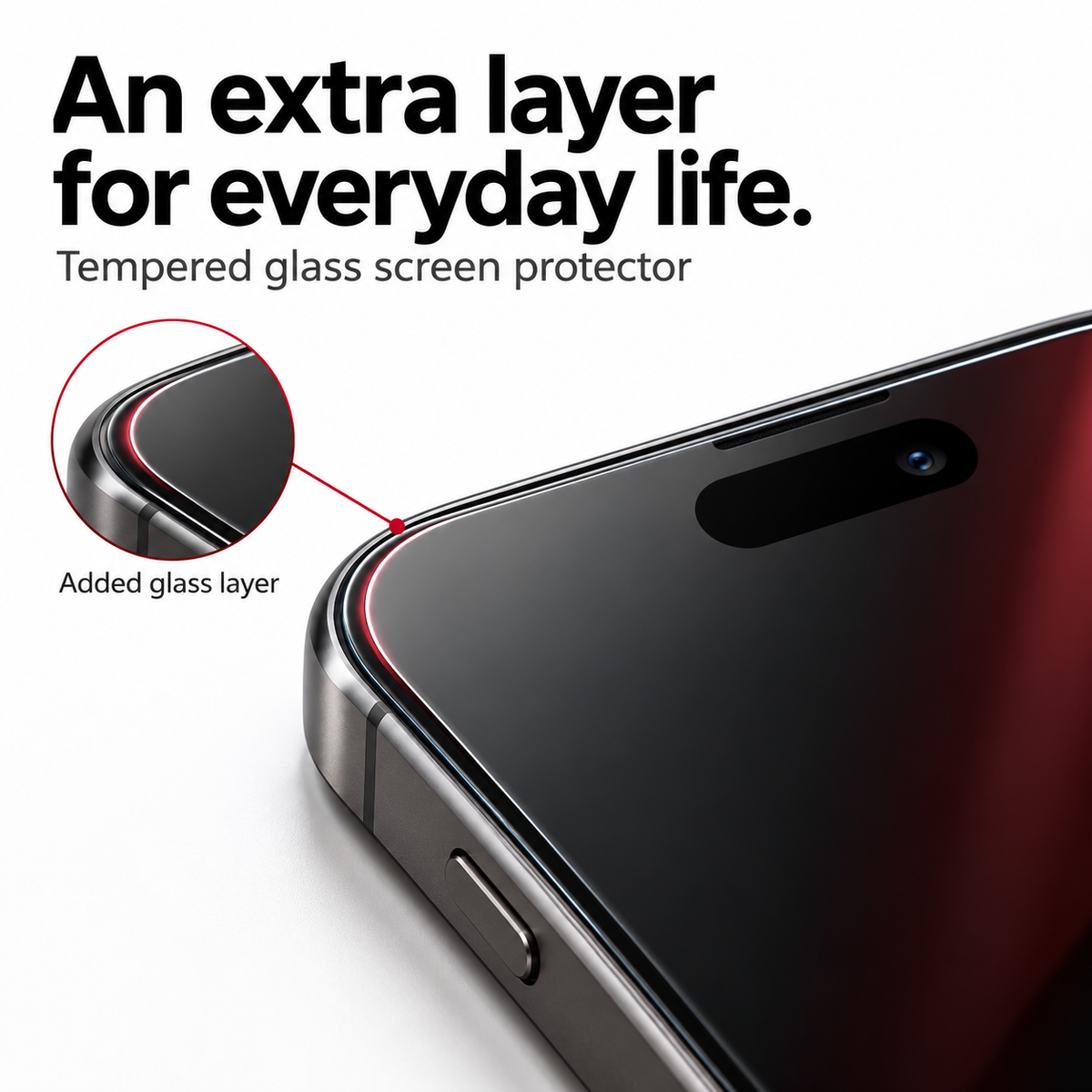 Close-up of the added tempered glass screen protector layer along the rounded edge of a phone display.