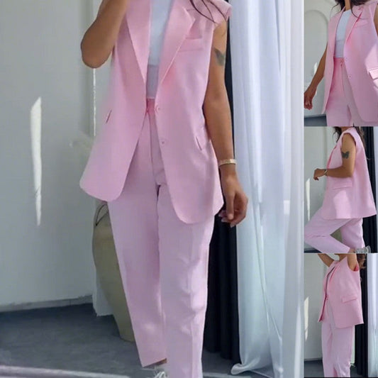 Completo da Donna alla Moda con Blazer Senza Maniche e Pantaloni a Vita Alta
