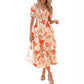 🔥Ultimo giorno di saldi: 50% di sconto🔥 Abito lungo da donna in chiffon a balze con motivo floreale - Maniche corte e scollo quadrato