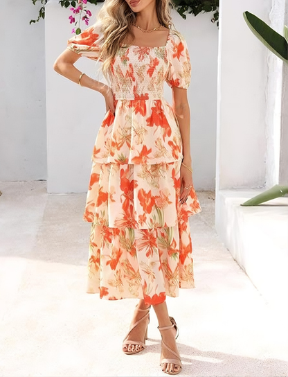 🔥Ultimo giorno di saldi: 50% di sconto🔥 Abito lungo da donna in chiffon a balze con motivo floreale - Maniche corte e scollo quadrato