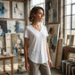 T-shirt da donna casual a maniche corte con scollo a V.