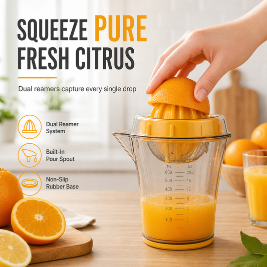 🍊Spremiagrumi manuale portatile: l'anello di base in gomma garantisce stabilità al bicchiere, il beccuccio per versare il succo è sicuro e non sporca. Spremi agrumi freschi senza versare nulla! 💪✨