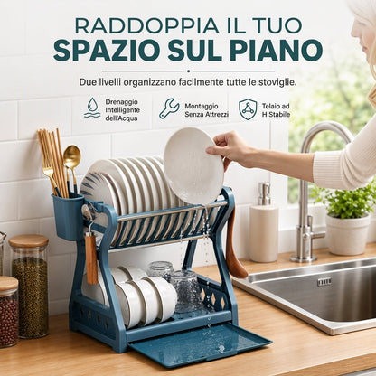 Scolapiatti 2 Livelli Salvaspazio con Vassoio Raccogligocce | Struttura Rinforzata con Portaposate e Ganci | Organizzatore Verticale per Cucina ✨